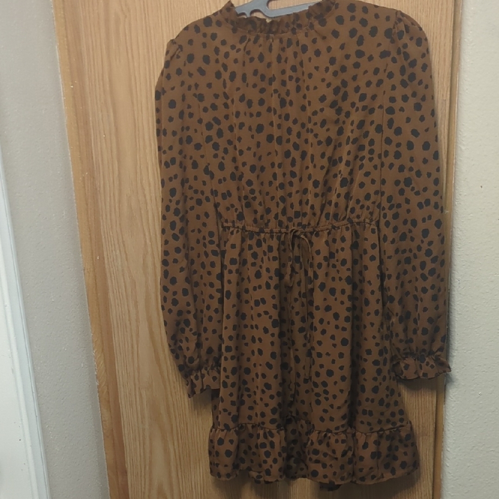 SHEIN Brown And Black Spotted Smocked Bishop Sleeve Dress